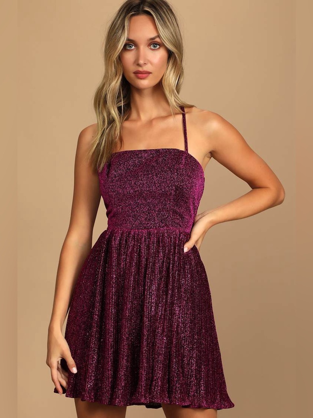 Lulus Party Era Magenta Sparkly Lace-Up Pleated Skater Dress xs
